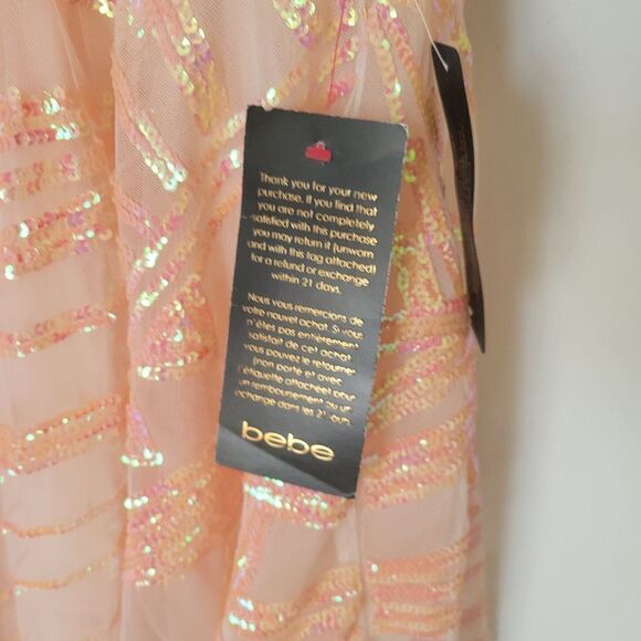 $198 NEW XL BEBE PEACH PINK TULLE SEQUIN SLEEVELESS FIT FLARE MINI DRESS NWT - Picture 10 of 11